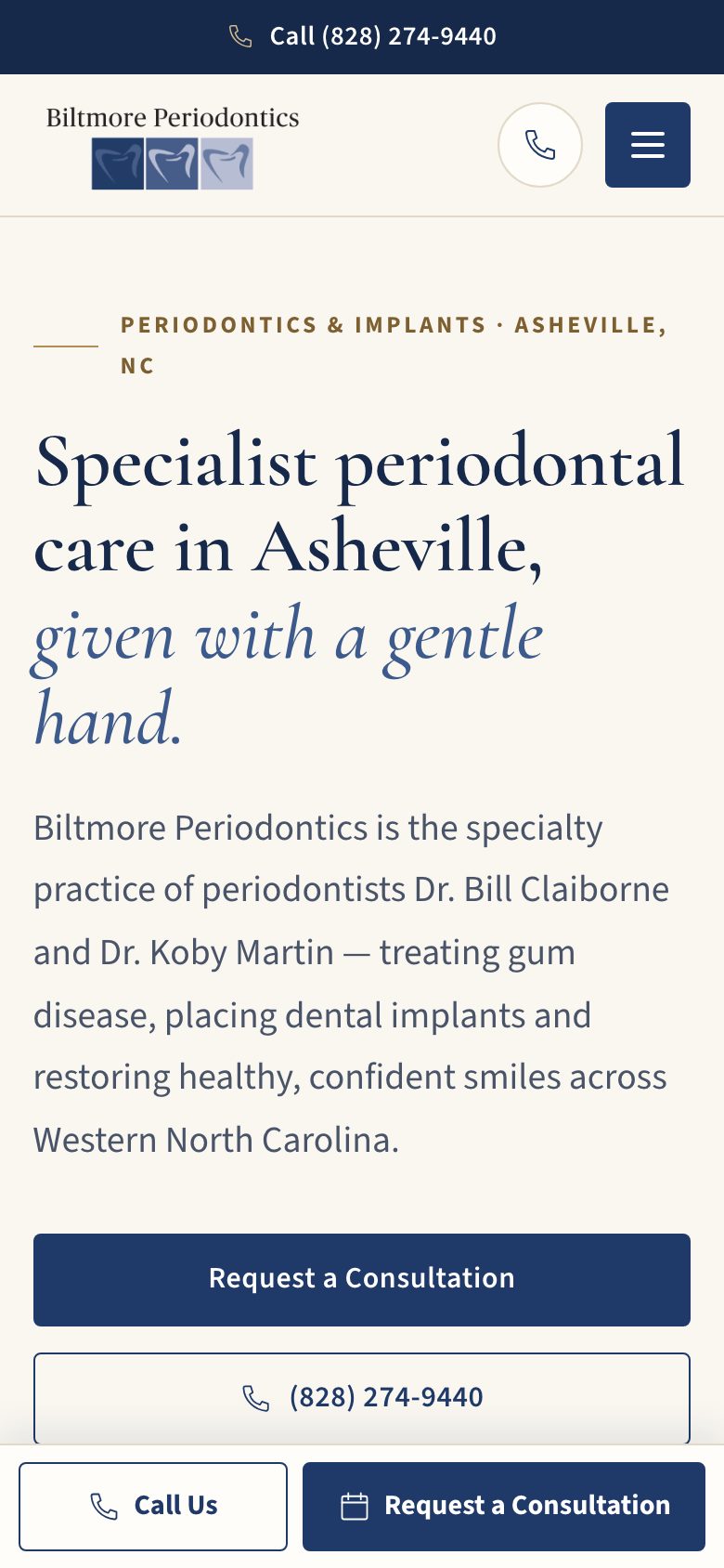 Biltmore Periodontics — "Heritage" direction: home page, first screen on a phone