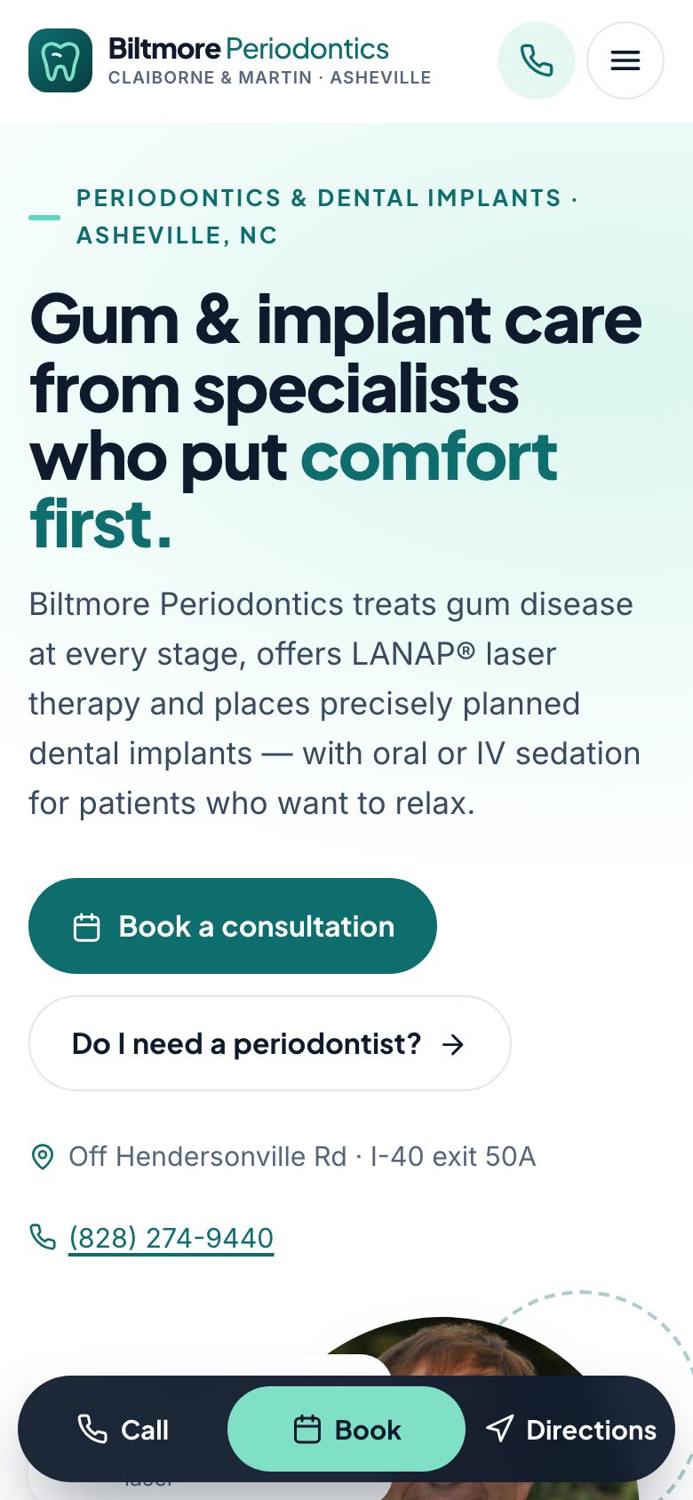 Biltmore Periodontics — "Modern Clinical" direction: home page, first screen on a phone
