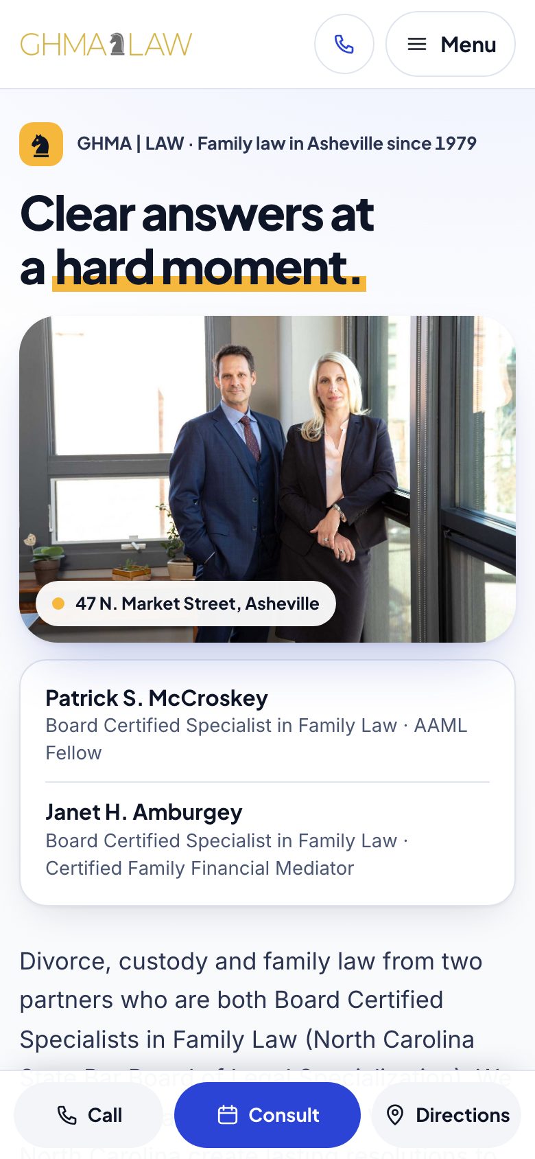 GHMA | LAW — "Clear Path" direction: home page, first screen on a phone