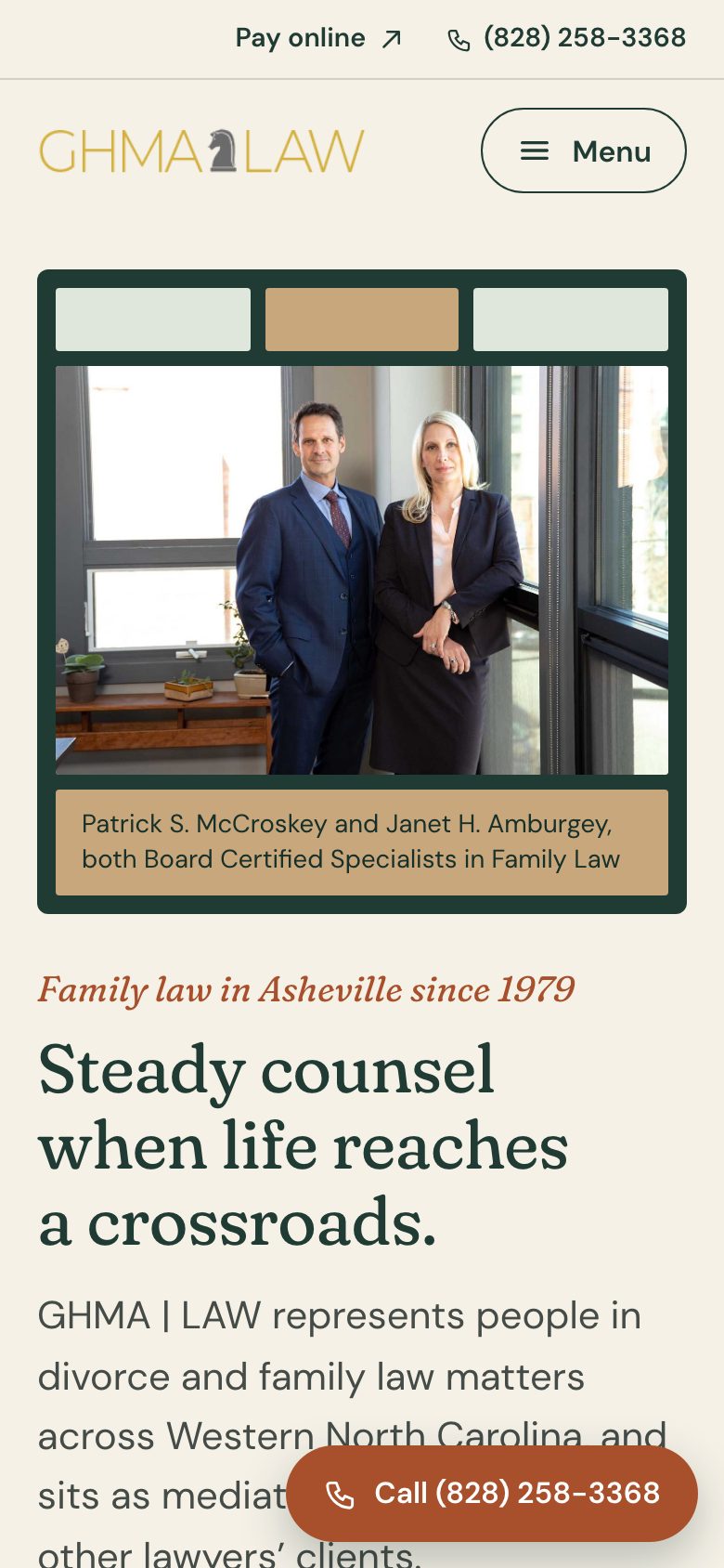 GHMA | LAW — "Two Tables" direction: home page, first screen on a phone