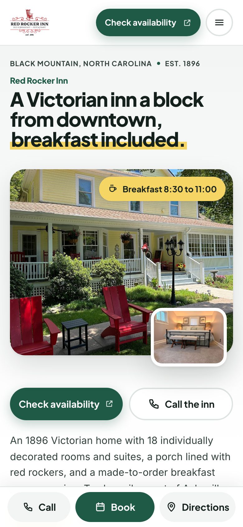 Red Rocker Inn — "Book Direct" direction: home page, first screen on a phone