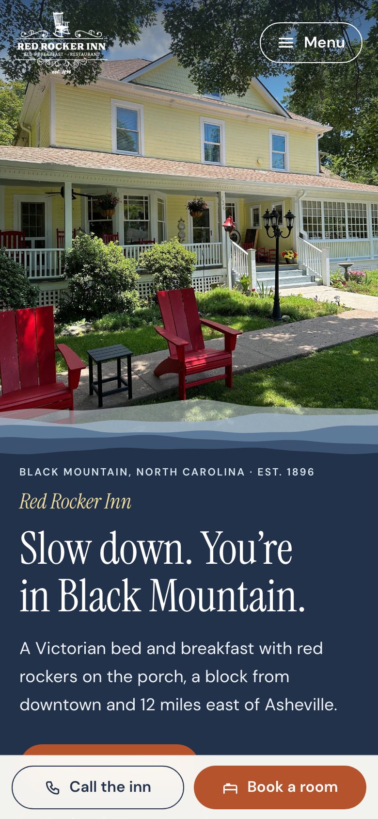 Red Rocker Inn — "A Day at the Red Rocker" direction: home page, first screen on a phone