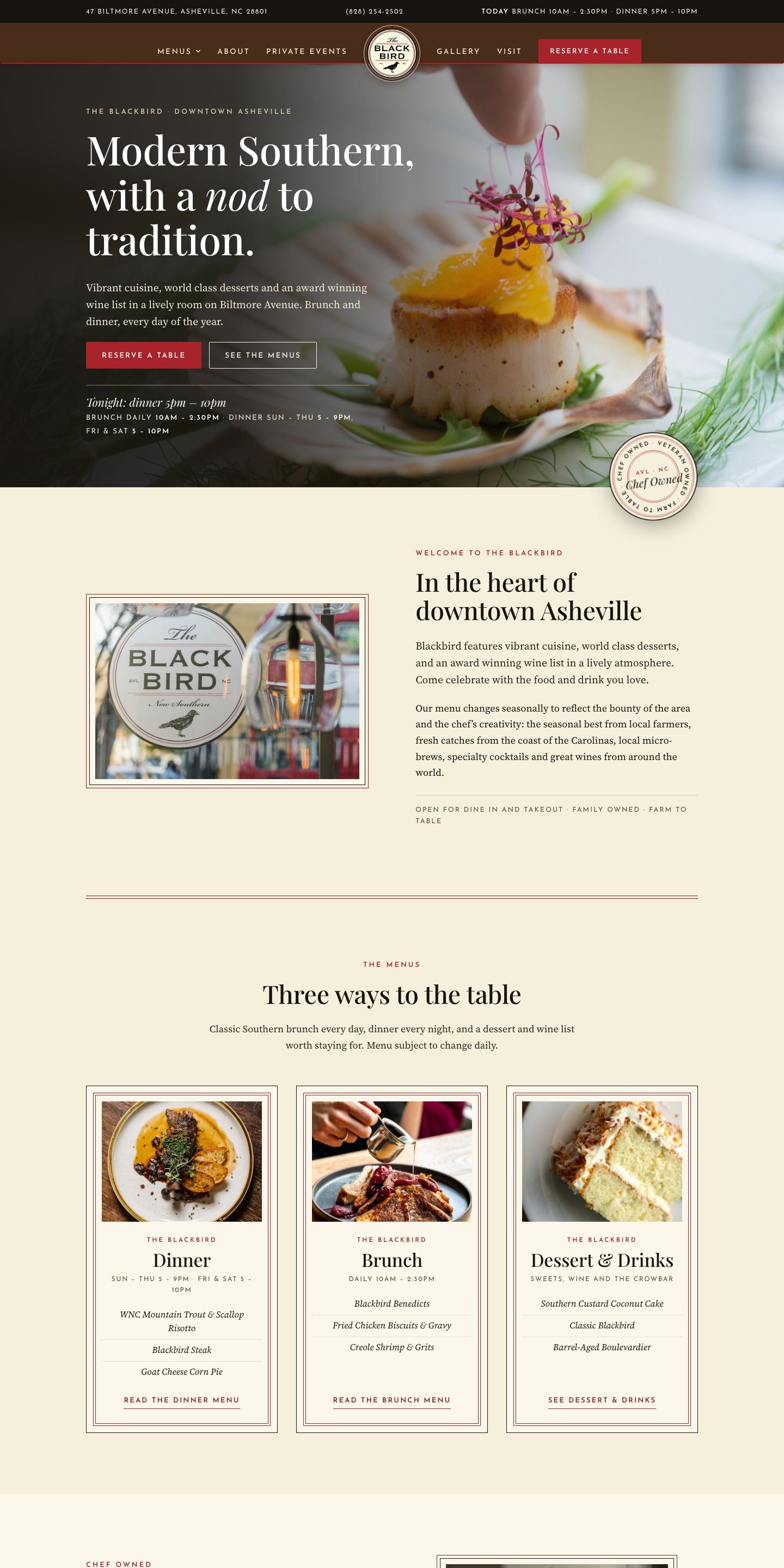 The Blackbird — "The Sign on Biltmore Avenue" direction: home page, top 2880px of the full desktop page