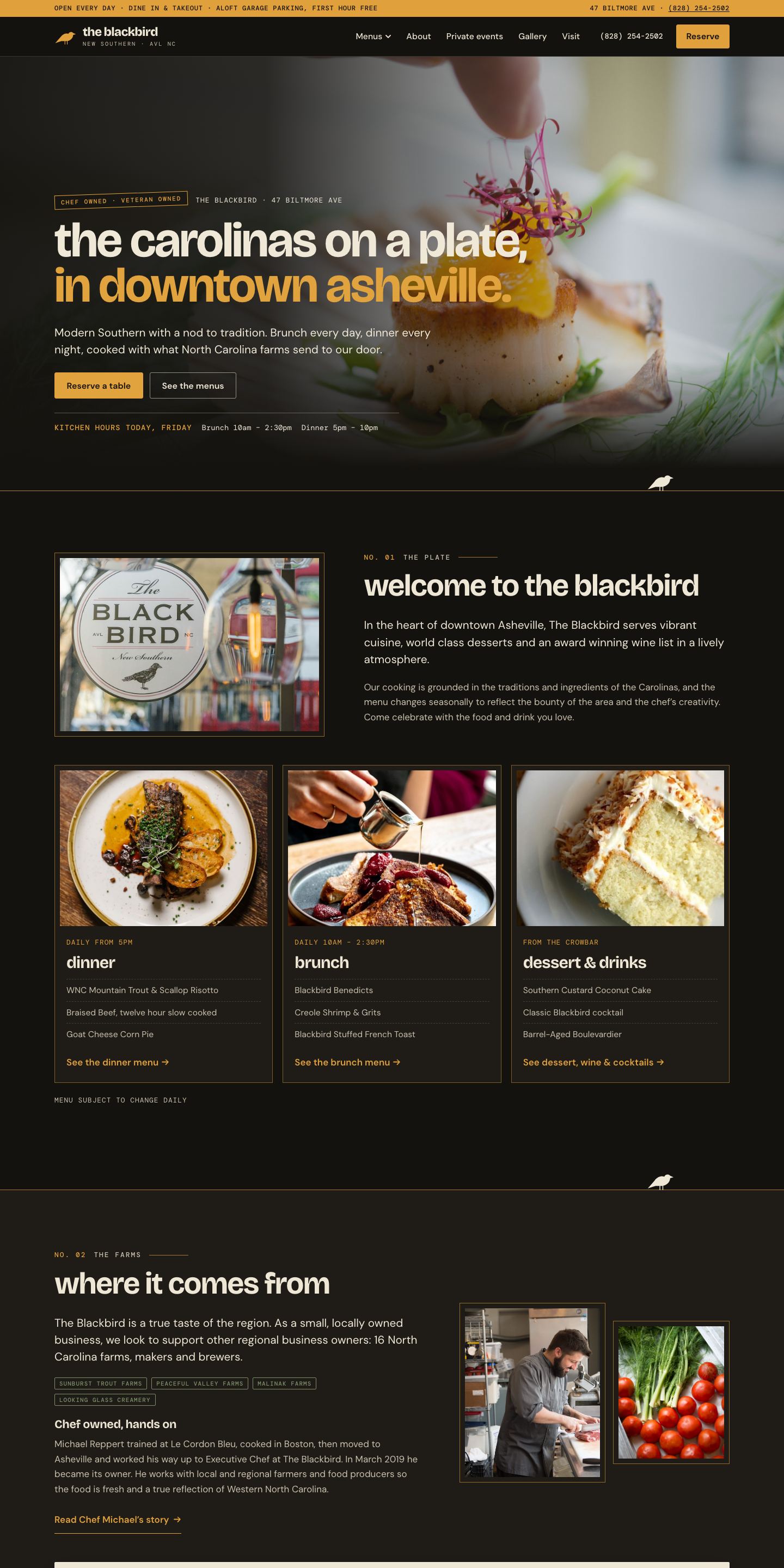 The Blackbird — "The Carolina Table" direction: home page, top 2880px of the full desktop page