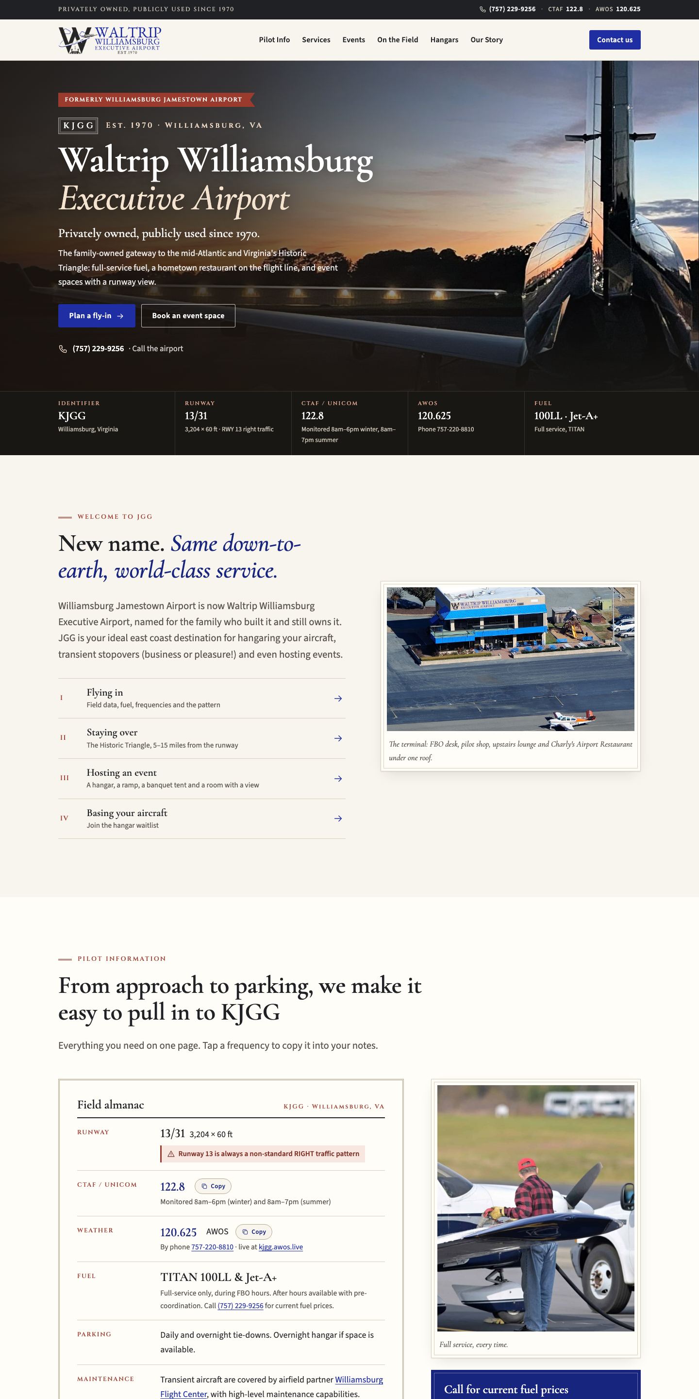 Waltrip Williamsburg Executive Airport — "Est. 1970" direction: home page, top 2880px of the full desktop page