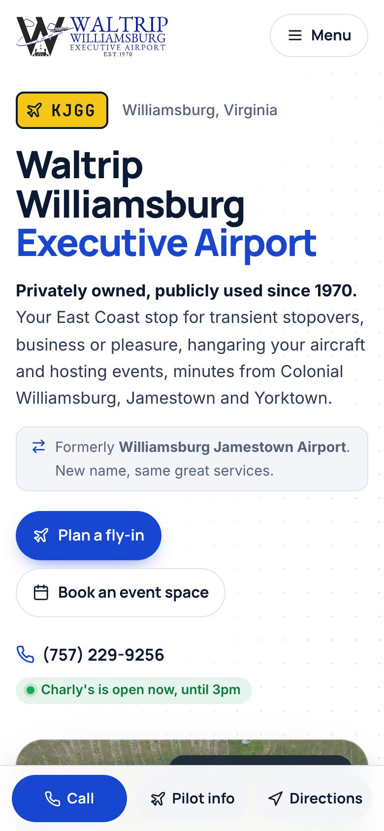 Waltrip Williamsburg Executive Airport — "Fly-in Ready" direction: home page, first screen on a phone