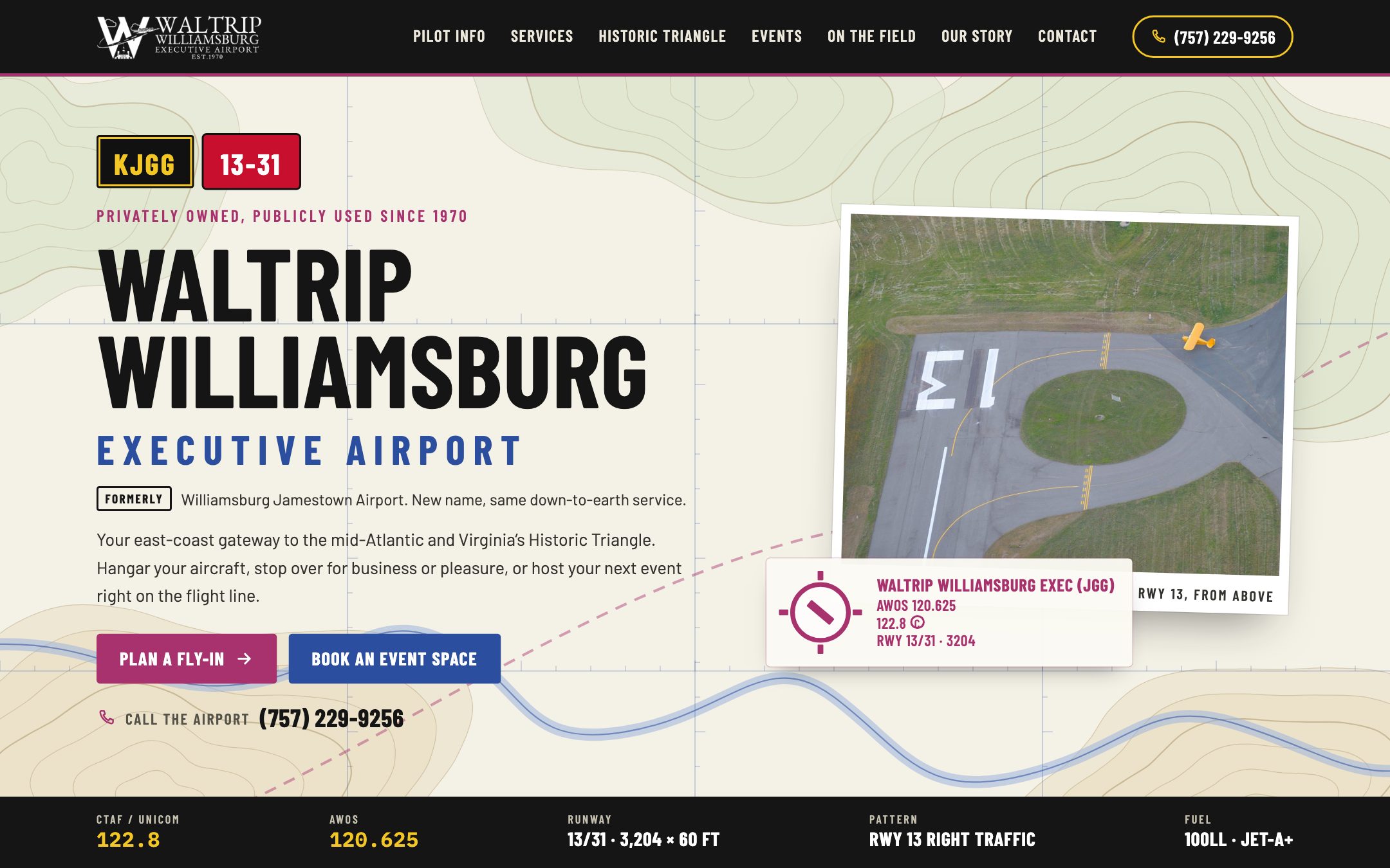 Waltrip Williamsburg Executive Airport — "Sectional" direction: home page, first screen on a laptop